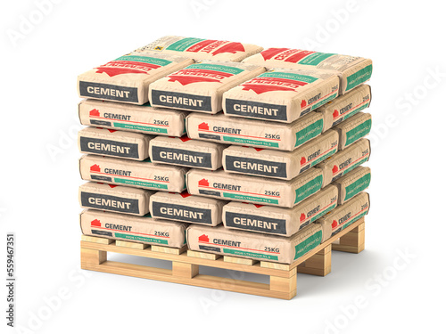 Cement bags stack on pallet isolated on white.