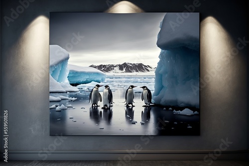 Picture on the wall, penguins in the South Pole illustration mock up 