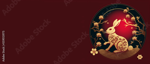 chinese new year 2023 party banner, beautiful ornate rabbit with blossoming flowers over a burgundy background, lunar new year themed invitation, card or coupon template