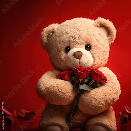 valentine's day teddy bear with roses. Generative AI