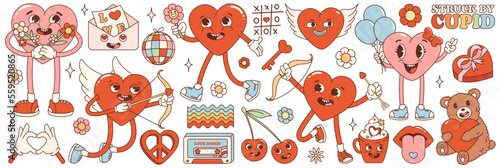 Groovy hippie love sticker set. Retro happy Valentines day. Comic happy heart character in trendy retro 60s 70s cartoon style. Retro characters and elements. 