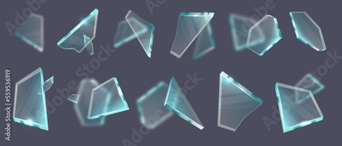 Broken glass vector shatter set, mirror sharp pieces explosion kit, transparent splinter fragments. 3D flying crystal shards, windshield smithereens, realistic dangerous particles. Broken glass design