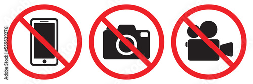 Prohibited symbol sign set , no photography, no video, do not use the phone, prohibit icon logo collection. Vector illustration image. Isolated on white background.