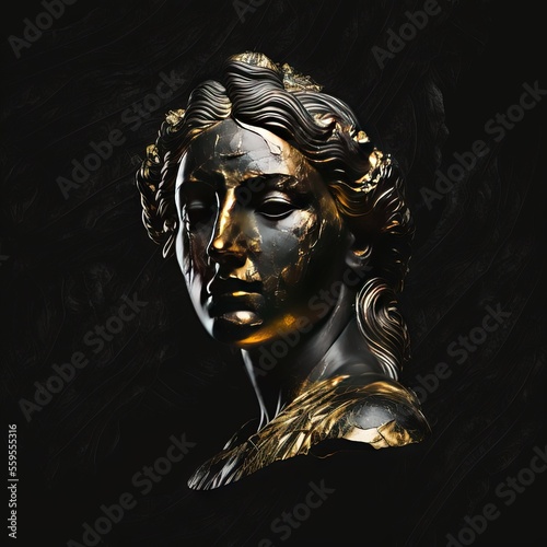 Une femme stoïque avec un mélange de pierre/or/noir, sculpture idéale pour papier peint, modèle, citations