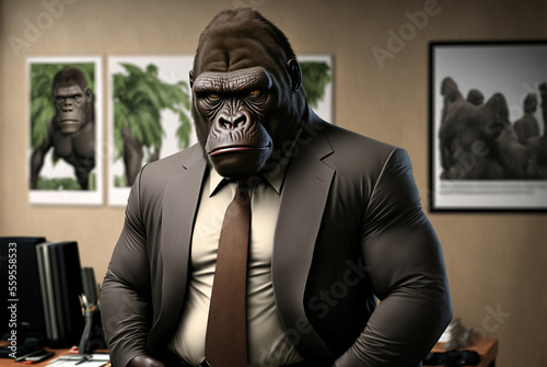Portrait of gorilla in a business suit, at the office, generative ai