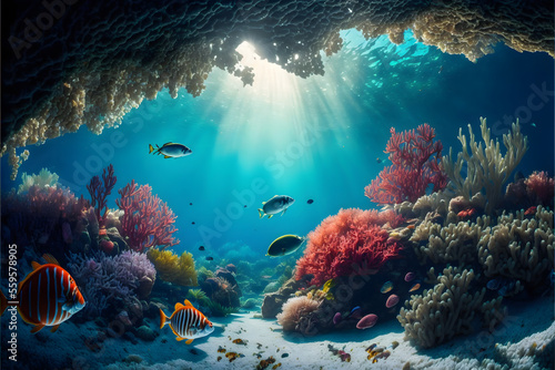 Colorful tropical fish coral scene background, Life in the coral reef underwater, sunlight, clear water ocean, travel concept, illustration digital generative ai design art style