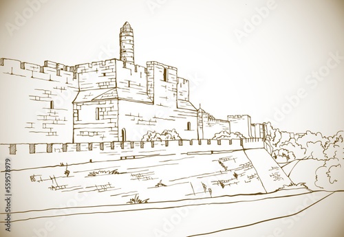 Old walls of Jerusalem, sepia vector illustration in hand drawn style. Ancient walls. Jerusalem, Israel. Urban landscape sketch. Line art. Ink drawing on white.