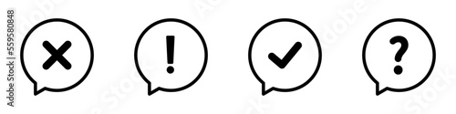 Conjunto de iconos de burbuja de marca de verificación, exclamación, cancelar, pregunta. Ilustración vectorial