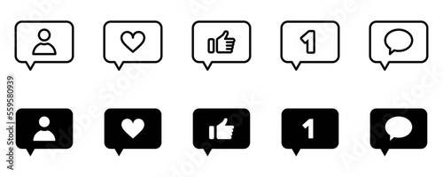 Conjunto de iconos de burbujas de notificaciones. solicitud, me gusta, comentario, número, corazón. Ilustración vectorial