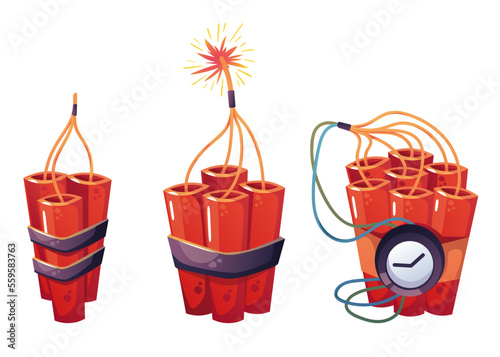 Dynamite bomb explosion tnt detonator fuse fireworks isolated set collection concept. Vector graphic design illustration