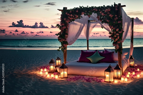 Cozy wooden bed on the seashore decorated with greetings and candles. Romantic evening by the sea. Beautiful sunset. AI