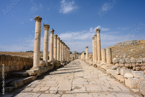 South Decumanus Colonnaded Roman Street in Ancient Gerasa, Jerash, Jordan with Corinthian Columns