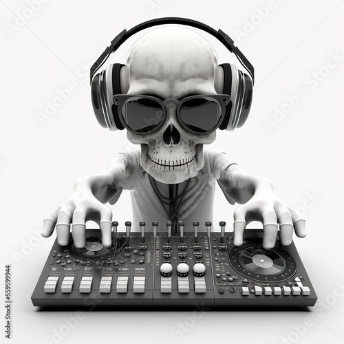 dj skull with headphones and mixer console