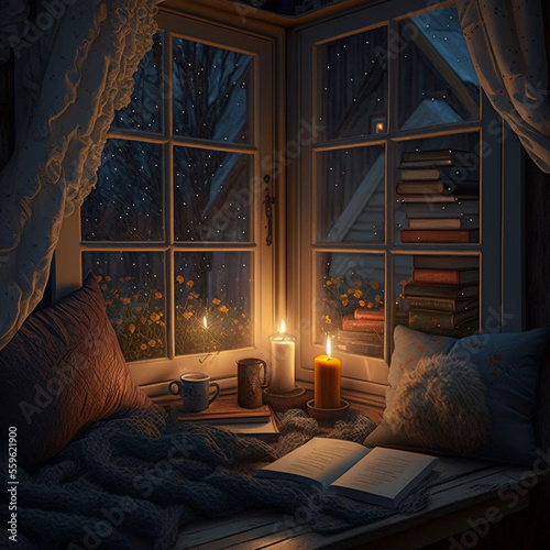 Generative AI illustration of a windowseat book nook for reading with winter snow outside and lit candles.