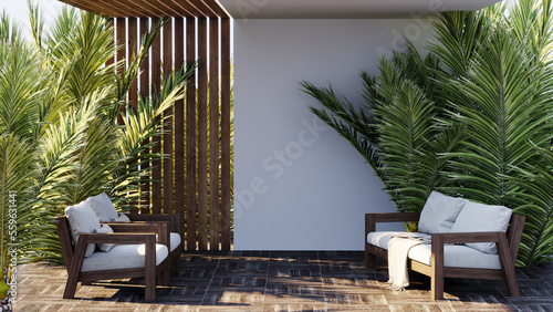 Terrace with outdoor furniture - sofa and armchair. Shade gazebo and palm trees. Exotic backyard garden. Sunny day on the veranda patio. 3d rendering
