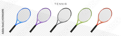 Tennis rackets vector realistic illustration. Sports equipment icons. Badminton rackets set in different colors