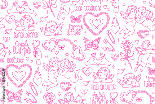 Tattoo art 1990s-2000s seamless pattern. Love concept. Happy valentines day. Heart, angel, cupid, butterfly, rose in trendy retro style. Vector hand drawn tattoo background. Black, pink, white colors.