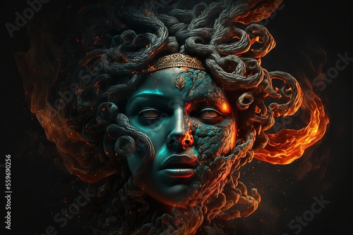 A portrait of the face of medusa flames fire smoke created with generative Ai