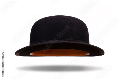Black bowler hat floating with shadow isolated