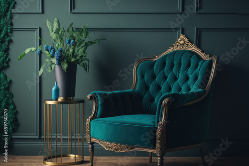 Beautiful, luxurious, traditional, blue green decor with a green, plush armchair. An old, vintage, blue green chair is positioned next to an emerald wall. minimalist architecture. Generative AI. High