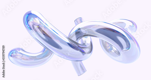 Abstract glass geometric composition, iridescent holographic crystal shapes with gradient texture in motion 3d render. Spiral twisted fluid forms, isolated digital art object. 3D illustration