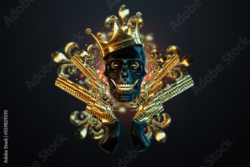 Human skull and crossed pistols, jolly roger, pirates, danger sign. Modern design, magazine style, creative image, trendy template, black and gold luxury style. 3D render, 3D illustration.