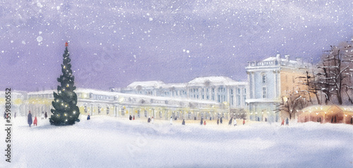 Watercolor illustration for postcards and print. Tsarskoye Selo in winter. Christmas tree.