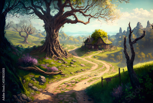 Fantasy scene with road and house AI generative 