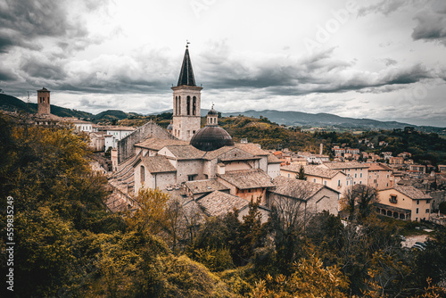 square and ancient church in the town of spoleto in umbria, italy