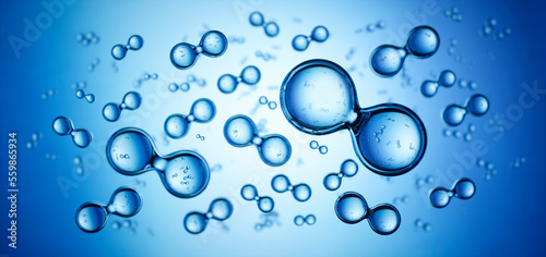 Models of hydrogen molecules floating against blue background - H2 scientific element