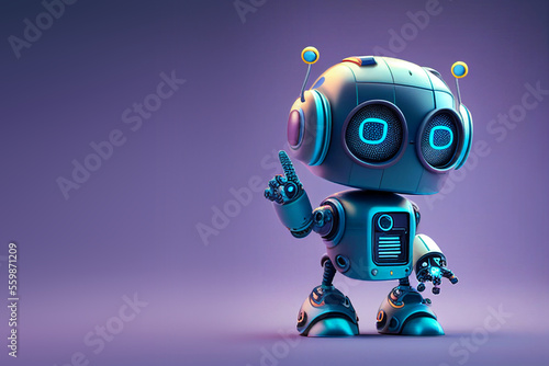 Positive cute robot pointing at a space. Copy space, ai generated