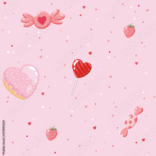 Donuts and sweets, seamless pattern with vector illustrations with Valentine's Day theme 
