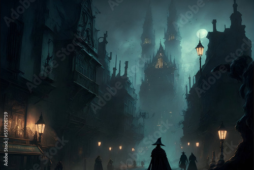 Silhouetted People in Wizard or Thief Type Cloaks in a Dark Nighttime Fantasy City Approaching a Towering Black Castle in the Distance. Thieves / Wizards Cityscape. [Sci-Fi, Fantasy, Historic, Horror]