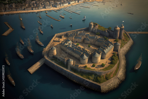 Aerial image of the port of Lorient in southern Brittany, which Vauban fortified in the 17th century at Port Louis in Morbihan, France. Generative AI