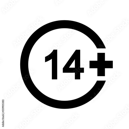 Fourteen plus icon. Number 14 in circle isolated on white background. Content age censoring symbol. Movie viewing limit label. Vector graphic illustration
