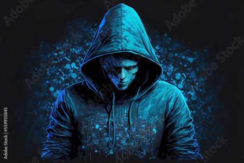 hacker in the hood on a blue background. Generative AI