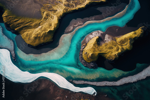 aerial picture of an icelandic river. Generative AI