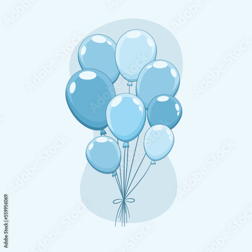 Niebieskie baloniki. Wektorowa ilustracja imprezowych balonów wypełnionych helem związanych razem. Dekoracje na urodziny, baby shower, walentynki, uroczystość, wesele.
