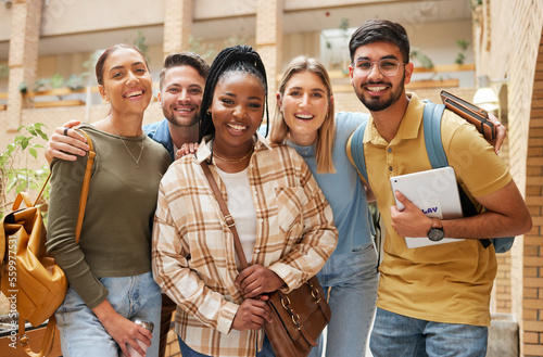 Portrait, university students and group of friends getting ready for learning. Scholarship, education or happy people standing together at school, campus or college bonding and preparing for studying