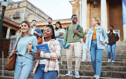 Diversity, students and walking on university steps, school stairs or college campus to morning class. Smile, happy people and bonding education friends in global scholarship opportunity or open day