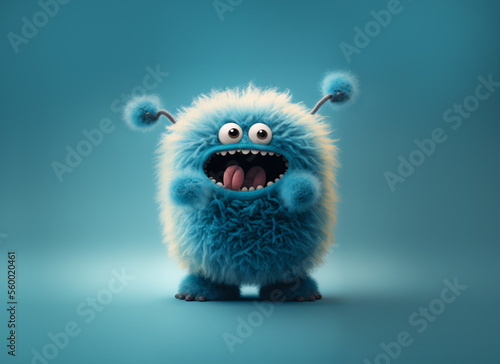 Cute fluffy monster on blue