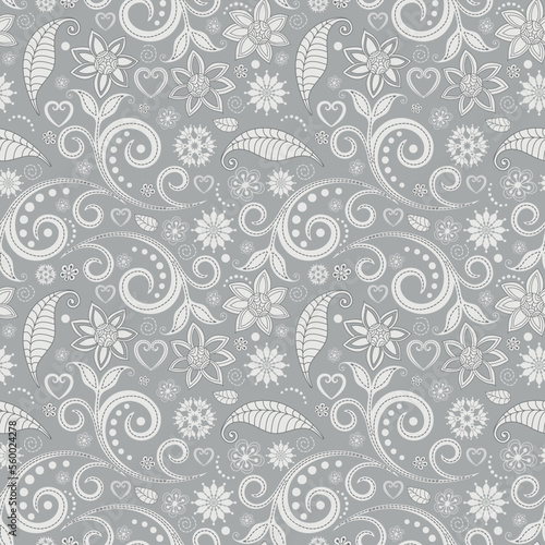 Vector seamless silvery floral valentine pattern with white lace vintage curls and flowers