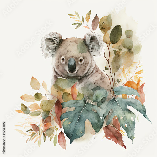 watercolor koala with leaves around, Generative AI