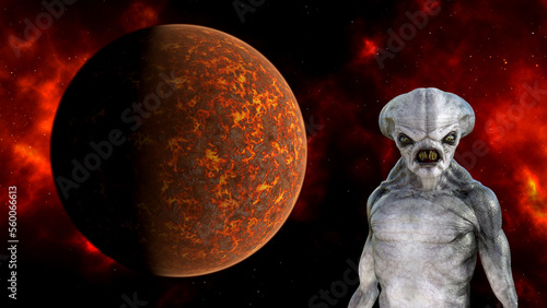 Illustration of a hideous alien with long sharp teeth in the foreground with a fiery planet and nebula in the background.