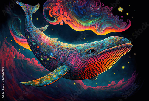 Cosmic whale swimming through the universe. Fantasy illustration of a cetacean travelling in space. Illustration, generative ai