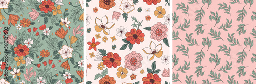 Art Nouveau inspired floral seamless pattern set of 3. 70s retro wam color palette. Perfect for textile print, wrapping paper, wallpaper etc.