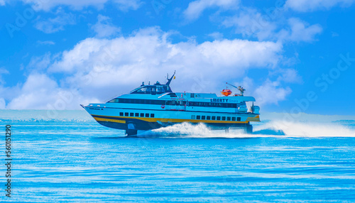 hydrofoil boat runs at full speed on the sea waves