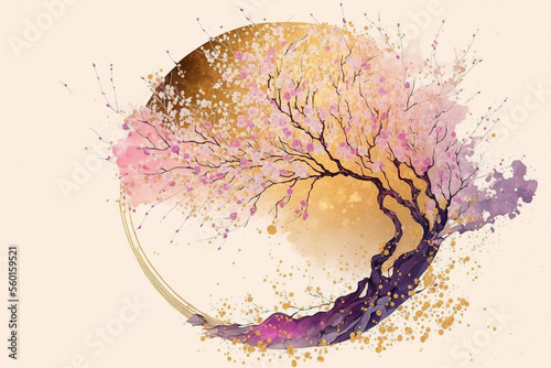 Spring wallpaper with sakura blossom. Abstract design for prints, postcards with golden elements. AI