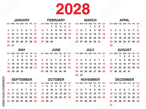 Calendar 2028 year vector illustration, Set of 12 calendar, week starts on Sunday, Simple planner template, desk calendar 2028 year, wall calendar 2028 template, print media, corporate template