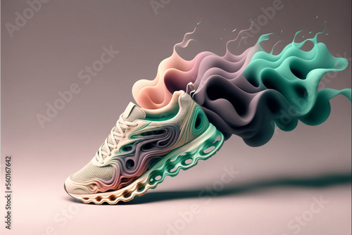 後部から煙のでるピンクと緑の靴のイラスト、Generative AI